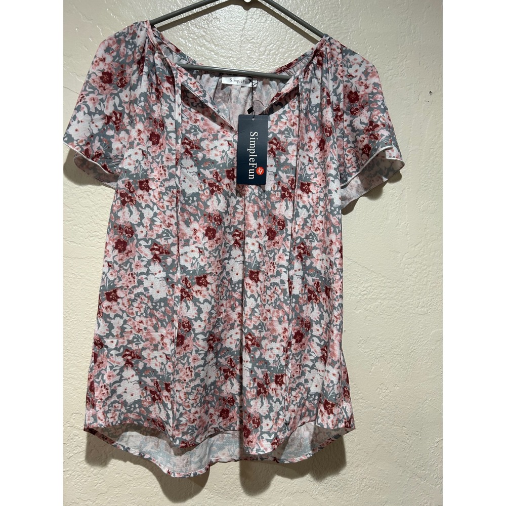SimpleFun Womens Floral Split Neck Tie Blouse‎ Pink Green Flutter Sleeve Size M